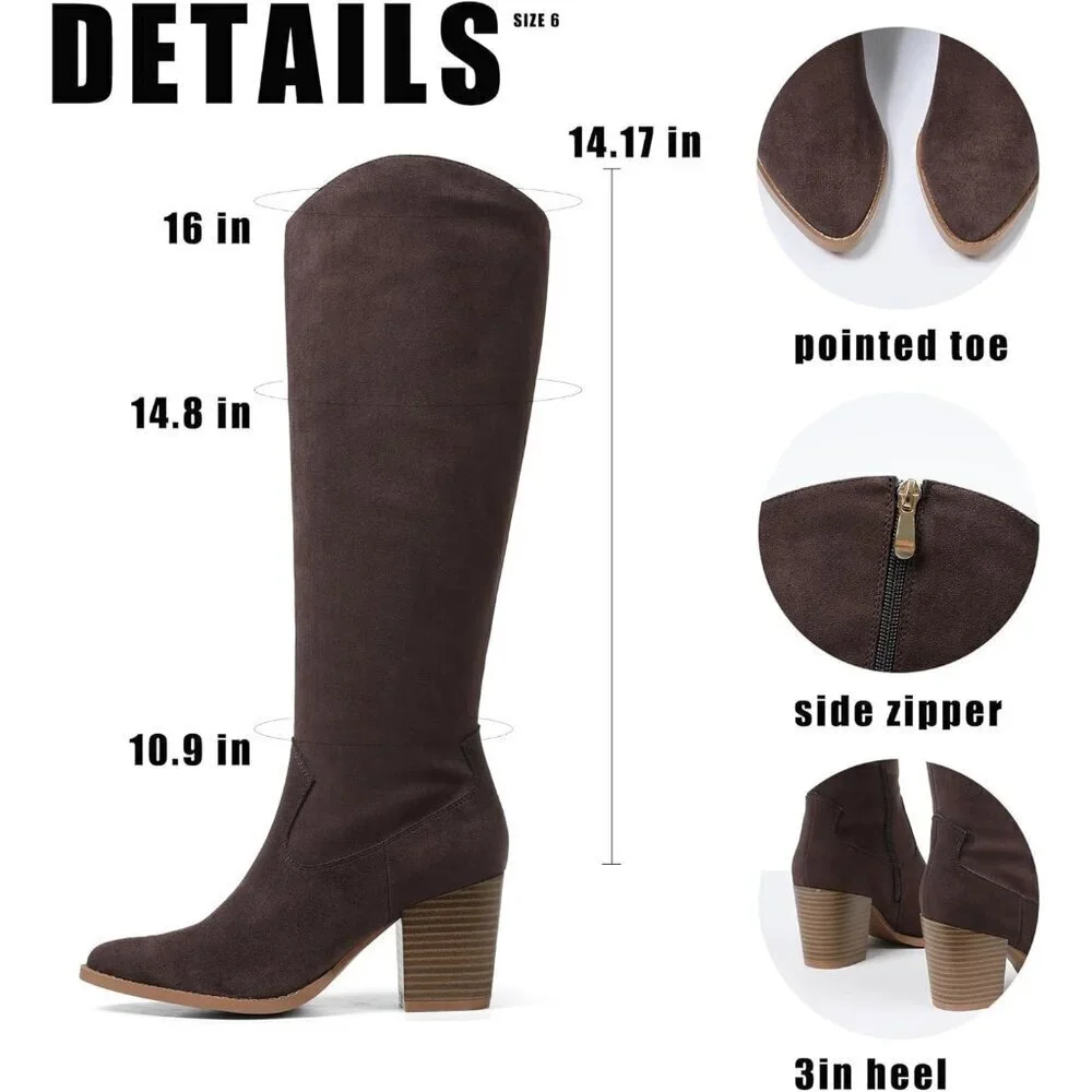 🆕Womens Suede Chocolate Side Zipper Knee High Pointed Toe Chunky Heel Tall Boot